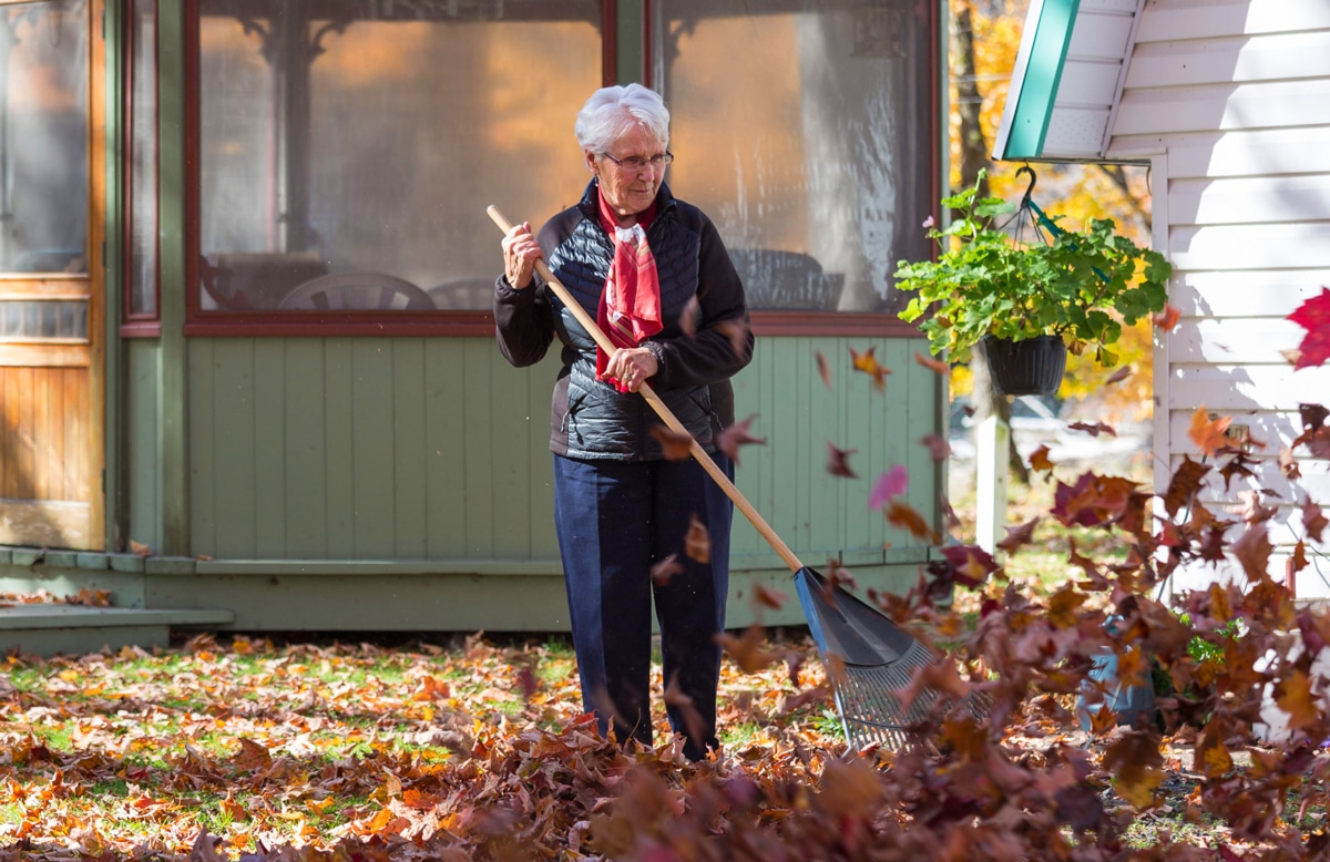 A senior woman raking leaves in Autumn.
