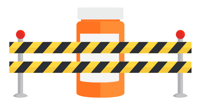 A graphic of a pill bottle behind a traffic barrier.